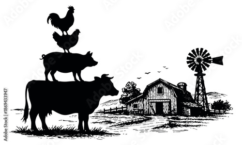 Hand drawn illustration of stacked farm animals depicting a rustic farm scene for agriculture and rural life