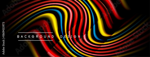 Vibrant wavy lines create dynamic background. Red, yellow, blue hues blend seamlessly, forming abstract design. Modern aesthetic.