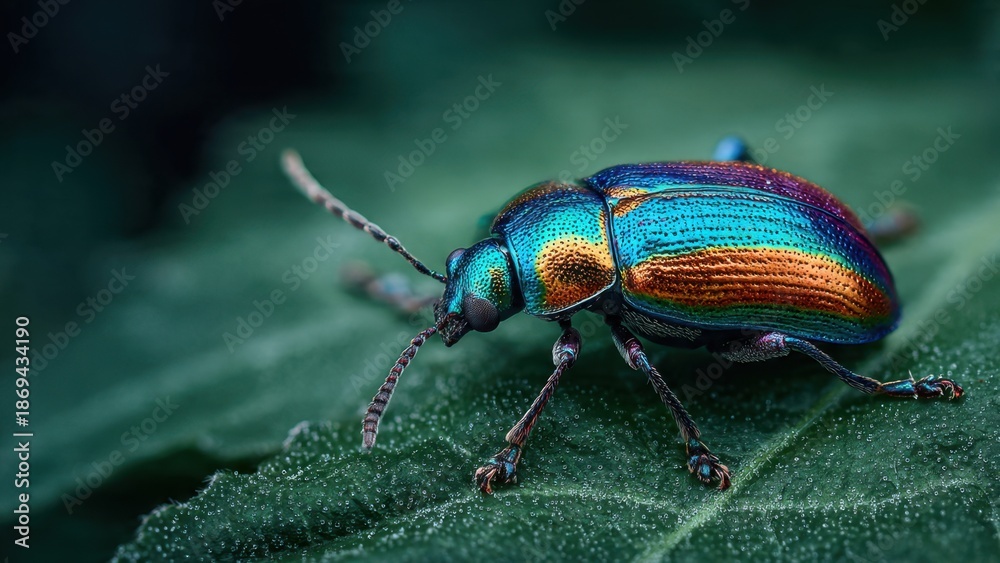 Naklejka premium Vibrant iridescent beetle on a leaf