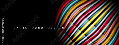 Abstract lines create vibrant wave pattern. Black background emphasizes colorful design elements. Modern aesthetic, dynamic composition.