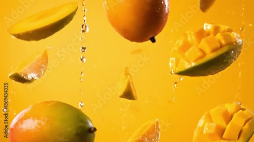 Vibrant whole mangoes falling on a sunny yellow background in slow motion