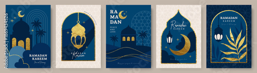 Set of elegant Ramadan Kareem greeting card designs in luxury style, featuring gold foil mosque silhouette, crescent moon, and lanterns on navy blue background, vector illustration.