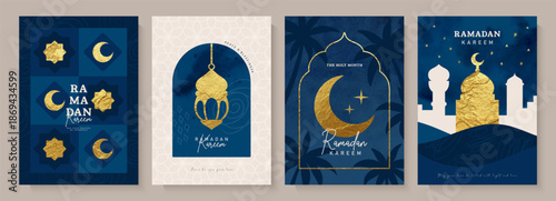 Set of Islamic greeting card designs for the holy month of Ramadan, with golden textured crescent, stars and mosque dome in artistic modern style with watercolor texture, vector illustration.