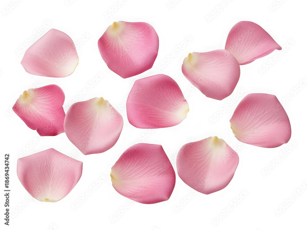 Fototapeta premium Collection of pink rose petals scattered, isolated on transparent background