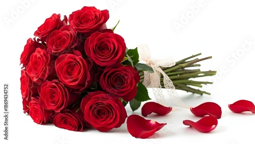 St. Valentine's Day concept: a tightly-bound bouquet of deep scarlet roses, placed off-center on a stark white background