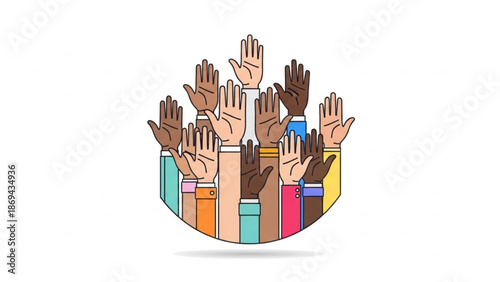Valokuva Diverse group of people raising hands in unity and solidarity with colorful slee