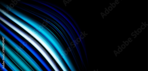 Abstract lines curve, creating luminous effect against dark background. Blues, whites blend, suggesting movement, energy. Minimalist design.