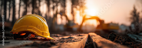 yellow safety helmet lying on construction rails at sunset workplace protection industrial accident and labor day concept