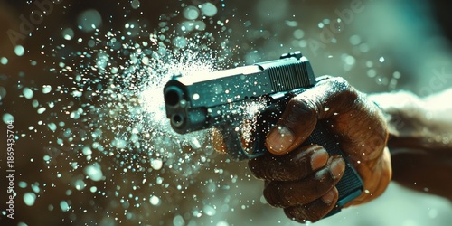 Close-up of black pistol firing bullet with burst of sparks, fire, and smoke against dark background. Generative by AI.