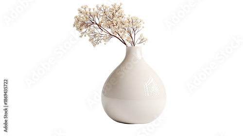 Minimal white ceramic vase with delicate dried flowers modern home interior styling isolated on white background