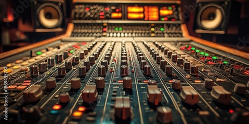 Man using large audio mixing console with digital screen and studio monitors in warm-lit recording studio. Generative by AI.