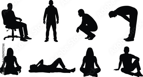 People silhouette pose set, sitting standing squatting bending lying positions isolated on white background vector illustration human figures collection design
