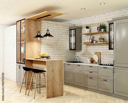 Wallpaper Mural Modern Scandinavian Kitchen Interior with Wooden Bar and Brick Wall Torontodigital.ca