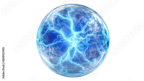 Glowing blue electric energy sphere with lightning plasma texture and transparent surface isolated on white background