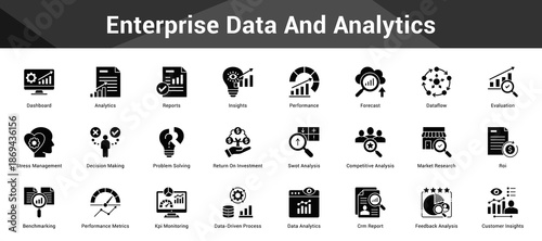 Enterprise Data And Analytics Cohesive set of minimalist vector icons representing key ideas with visual clarity