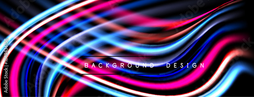 Vibrant flowing lines create dynamic abstract background. Colors blend, forming modern visual experience. Dark backdrop enhances luminosity.