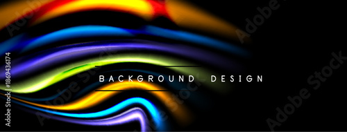 Abstract colorful waves flow across black background. Text reads background design. Vibrant hues create dynamic visual effect.