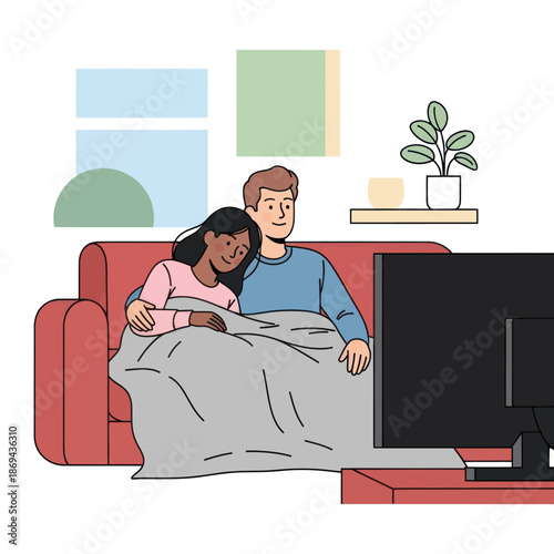 Couple snuggling on a red couch watching television together.