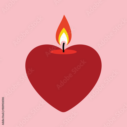 Red heart shaped candle with flame on pink background.