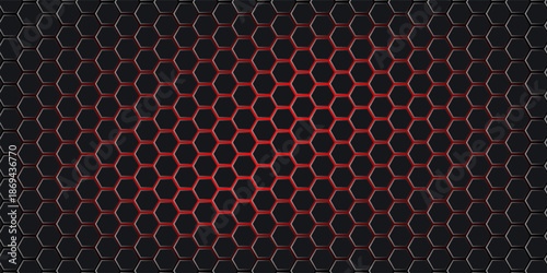 Abstract dark hexagon pattern on red neon background technology style. Modern futuristic geometric shape web banner design. You can use for cover template, poster, flyer, print ad. Vector illustration