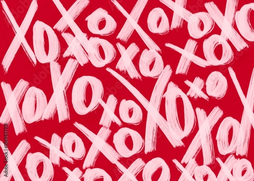 Vibrant Valentine's Day wallpaper with XO symbol in pattern against red background. Postcard and banner website for Valentine's Day, wedding and romantic details.