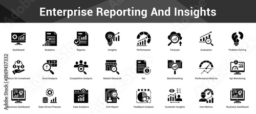 Enterprise Reporting And Insights Cohesive set of minimalist vector icons representing key ideas with visual clarity