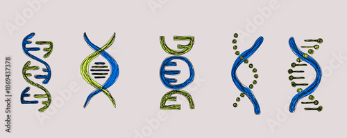 Sketchy DNA helix icon set. Hand drawn genetic spiral symbols for biology, healthcare, and science education.