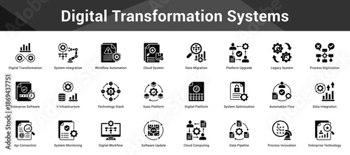 Digital Transformation Systems Cohesive set of minimalist vector icons representing key ideas with visual clarity