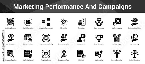 Marketing Performance And Campaigns Cohesive set of minimalist vector icons representing key ideas with visual clarity
