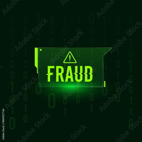 Cyber crime fraud notification background with neon green binary code. Concept for digital security threats, unauthorized access, and hacking alerts in a modern futuristic technology style. scam