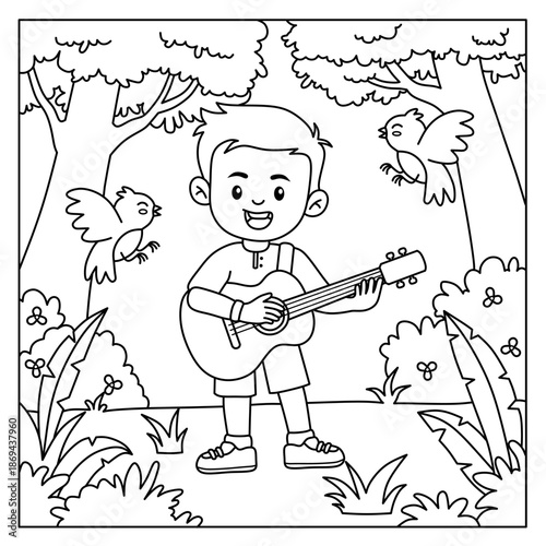 coloring page of boy playing guitar and dancing birds having fun in the forest