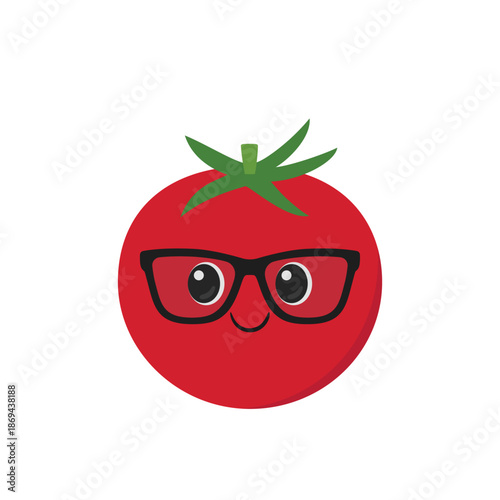 Cute tomato with glasses, fun cartoon character, ripe red vegetable, happy smiling face, big eyes, kawaii style, flat vector illustration.
