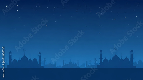 Serene Islamic cityscape silhouette against a starry night sky, perfect for celebrating cultural traditions and peaceful evenings
