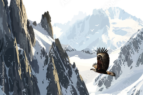 Eagle soaring over mountain peaks isolated illustration