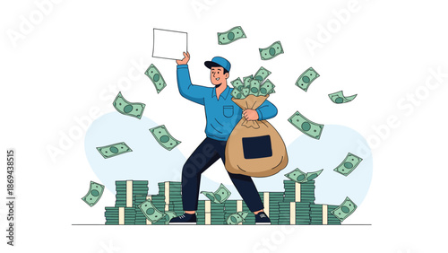 Happy man holding large money bag with falling cash around him