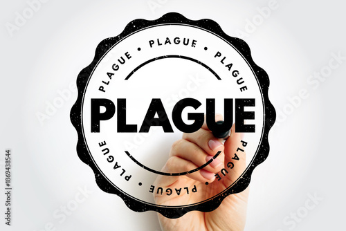 Фотография PLAGUE circular badge stamp with repeated surrounding text and a hand holding a marker inside the emblem