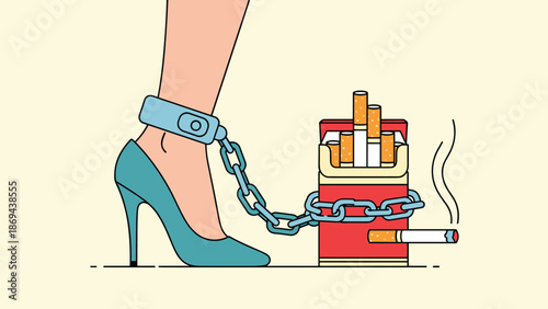 Woman leg chained to cigarette pack smoking addiction concept