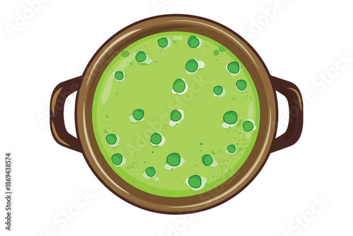 Green pea cream soup with spices fresh peas Top view isolated illustration