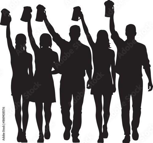 Oktoberfest silhouette of people marching with beer mugs raised