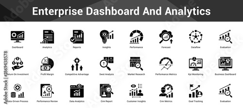 Enterprise Dashboard And Analytics Cohesive set of minimalist vector icons representing key ideas with visual clarity