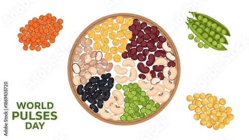 Variety of colorful beans and peas in a bowl for world pulses day celebration