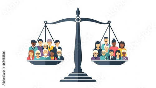 Diverse people balancing on scales of justice with equality and fairness concept