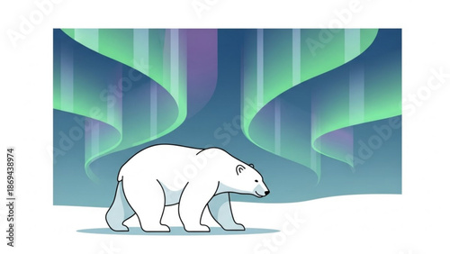 A white polar bear walks under the vibrant green and purple aurora borealis in a stylized illustration