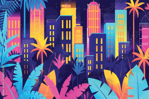 Urban jungle illuminated by neon lights isolated illustration