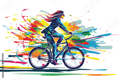 woman in business suit riding bicycle isolated illustration