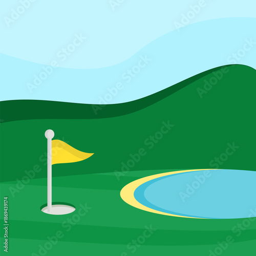 Golf Course Landscape Illustration with Green Fairway, Hole Flag and Water Hazard under Clear Blue Sky for Outdoor Sports, Tournament Background and Leisure Concept