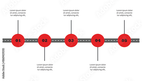 This modern five-step road map template is ideal for visualizing business processes, project ,or sequential development stages. Use this infographic vector for presentations or planning documentation.