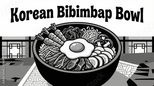 Korean bibimbap with mixed vegetables, rice, and egg, representing balanced Asian cuisine in minimal vector style
