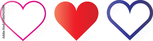 Set of three heart icons in different colors