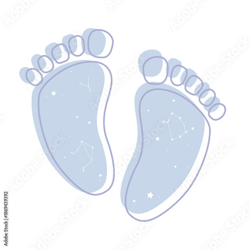 Scandinavian boho baby feet with space symbols. Baby boy footprints with galaxy stars imprints. Hand drawn isolated vector element for baby shower or gender reveal decoration